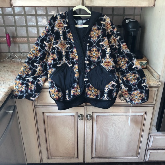Free People Movement Elevation Jacquard Reversible Fleece Jacket Black Gold Blue - Picture 5 of 10